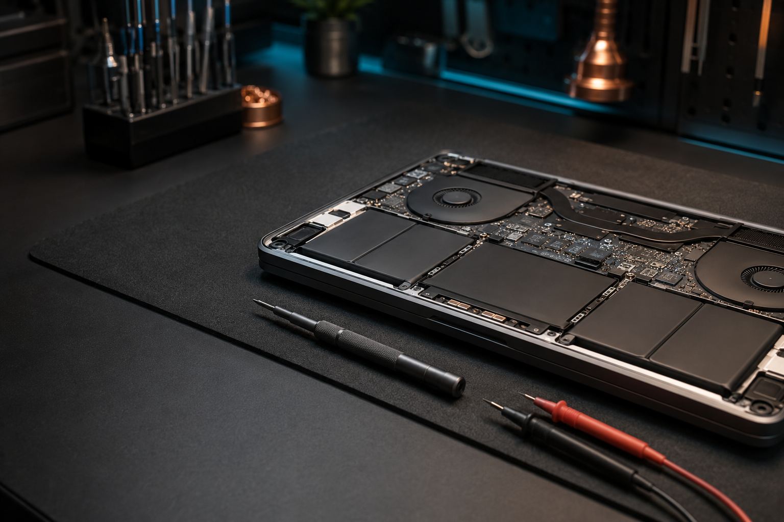 Laptop abierta sobre una mesa de trabajo técnico